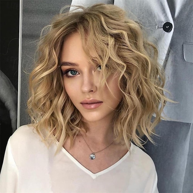  Layered Short Ombre Blonde Wavy Bob Wigs for Women Mid-length Blonde Curly Wig Synthetic Natural Looking Daily Party Wig