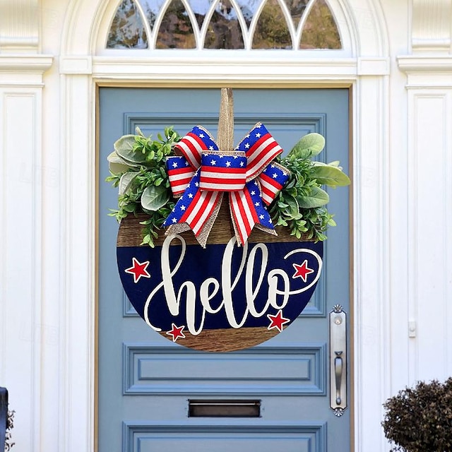  деревянная дверная вывеска ко Дню независимости - патриотическое внутреннее наружное украшение двора с подвесным кольцом, идеально подходящее для празднования духа Америки ко Дню памяти / четвертому