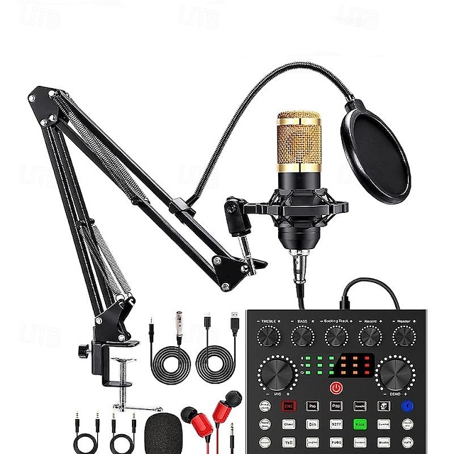  Ultimate Podcasting and Streaming Microphone Kit- with V8 Sound Card Rechargeable for Gamers Vloggers3.5mm Jack