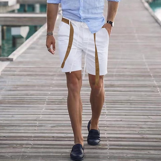  Homens Shorts de linho Shorts de verão Shorts de praia Bolsos Com Cordão Tecido Conforto Respirável Curto Feriado Férias Praia Havaiana Boho Preto Branco