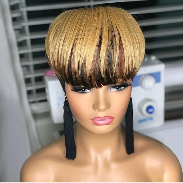  Perucas de cabelo humano curto corte pixie para mulheres peruca feita à máquina completa com franja usar e ir perucas loiras em linha reta