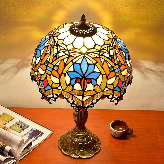  Lampe de table vintage en vitrail bleu vert 30,5 x 30,5 x 45,7 cm, style libellule, table de chevet, lampe de bureau pour salon, chambre à coucher avec 2 ampoules LED