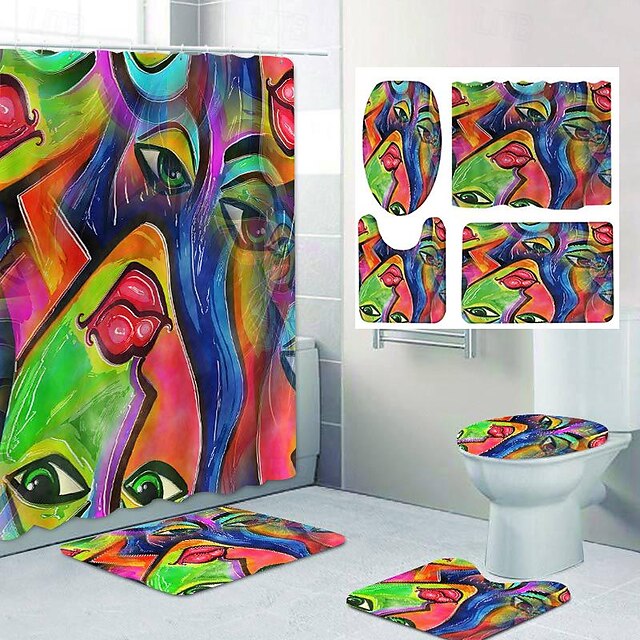  Hot Lips Badezimmer-Deko, 4-teiliges Duschvorhang-Set, Badezimmer-Sets, moderne Heim-Badezimmer-Dekoration mit Badematte in U-Form und Toilettendeckel-Abdeckmatte und 12 Haken