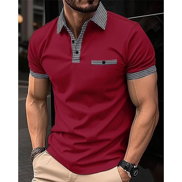  Men's Golf Shirt Golf Polo Work Casual Lapel Short Sleeve Basic Modern Color Block Houndstooth Patchwork Pocket Spring & Summer Regular Fit Black White Red Navy Blue Blue Beige Golf Shirt
