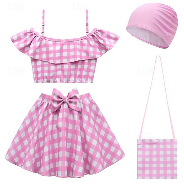  Costum de baie pentru fete, roz, șapcă, costum de baie pentru copii, bretele elastice înalte, set din două piese