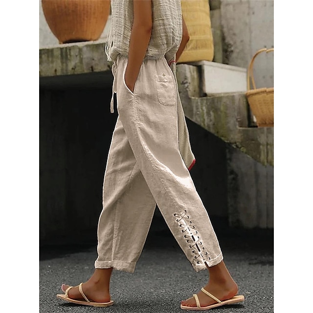  Women's Pants Trousers Linen Cotton Blend Side Pockets Ankle-Length White Spring & Summer