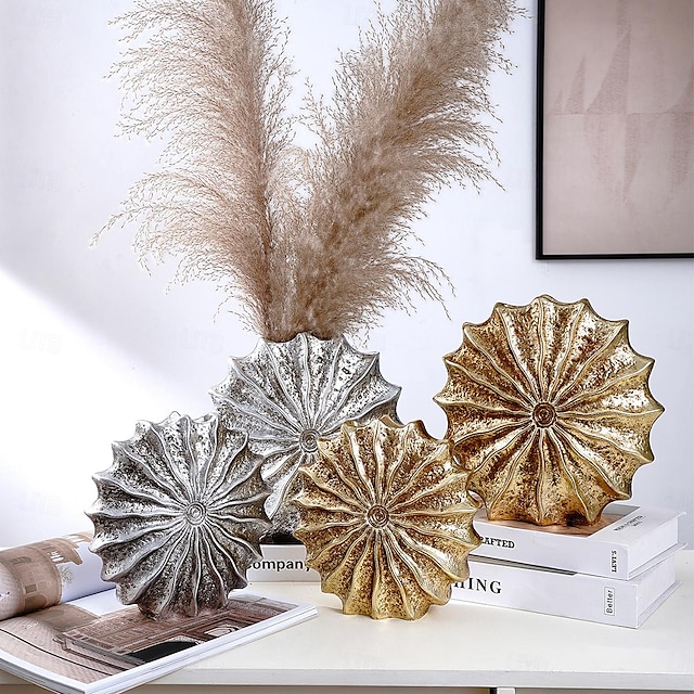  kagyló formájú dekoratív váza fényes arany fólia felülettel - egyedi kagylóhéjra emlékeztető gyanta virágváza - kör alakú gyanta anyagú dekoratív bimbós váza