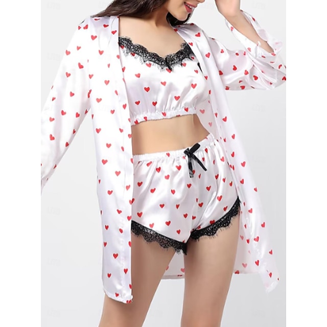  Women's Pajamas Loungewear Sexy Lingerie Robe Heart Lovers Romantic Soft Gift Daily Date Satin Comfort Warm Plunging Neck Long Sleeve Tank Top Shorts Adjustable Belt Included Summer Spring White