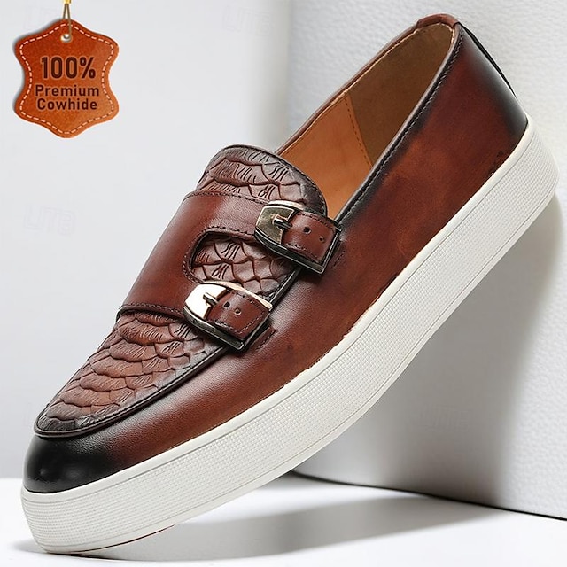  Herren-Loafer aus braunem Vintage-Leder mit Doppel-Monk-Strap