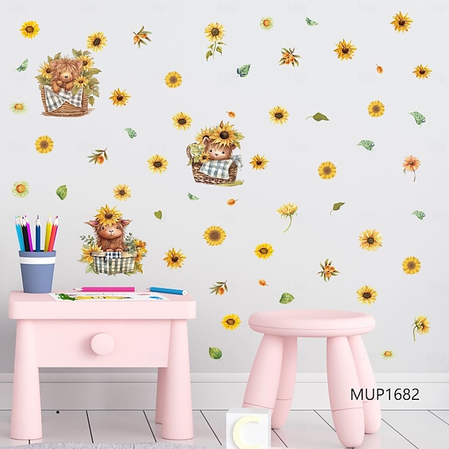  Wandaufkleber mit Sonnenblumen-Mountain-Stier – abnehmbare Wandaufkleber für Wohnzimmer, Esszimmer, Schlafzimmer, Kinderzimmer und Kinderzimmer, verschönern die Wanddekoration Ihres Zuhauses