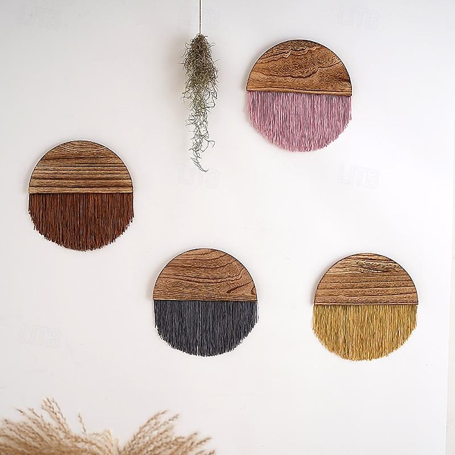  Tapiz hecho a mano con forma de madera semicircular con flecos, macramé, tapices de pared, borla para decorar dormitorio y apartamento