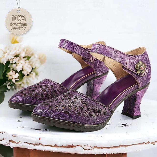 Women's Purple Vintage Cowhide Heels with Handcrafted Embossed Floral Patterns and Ankle Strap for Formal Occasions 21