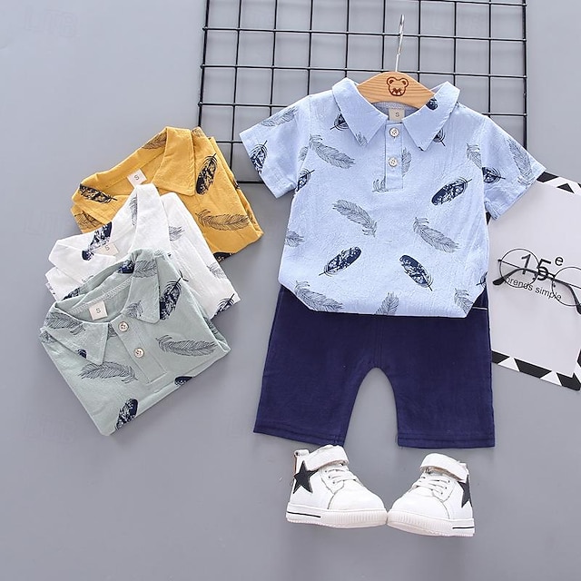  Boys Polo Shirt Set, 0-4-Year-Old Children's Short Sleeved Set, Printed Feather Shirt Shorts, 2-Piece Set