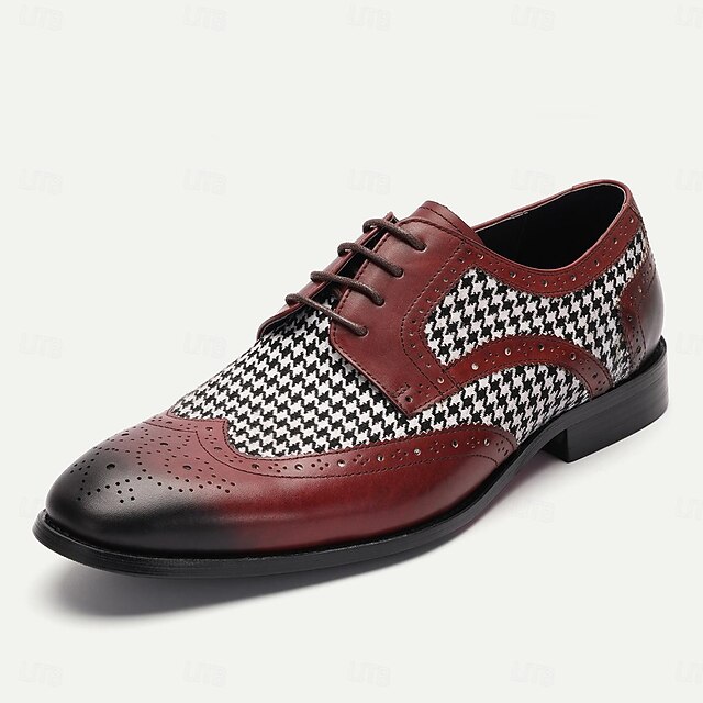Men's Houndstooth and Leather Brogue Dress Shoes - Red and Black, Ideal for Formal Events and Business Wear 7
