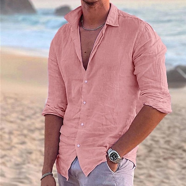  Hombre camisa de lino Camisa Camisa de verano Camisa de playa Negro Blanco Rosa Manga Larga Color sólido Cuello Vuelto Primavera verano Exterior Calle Ropa Abotonar