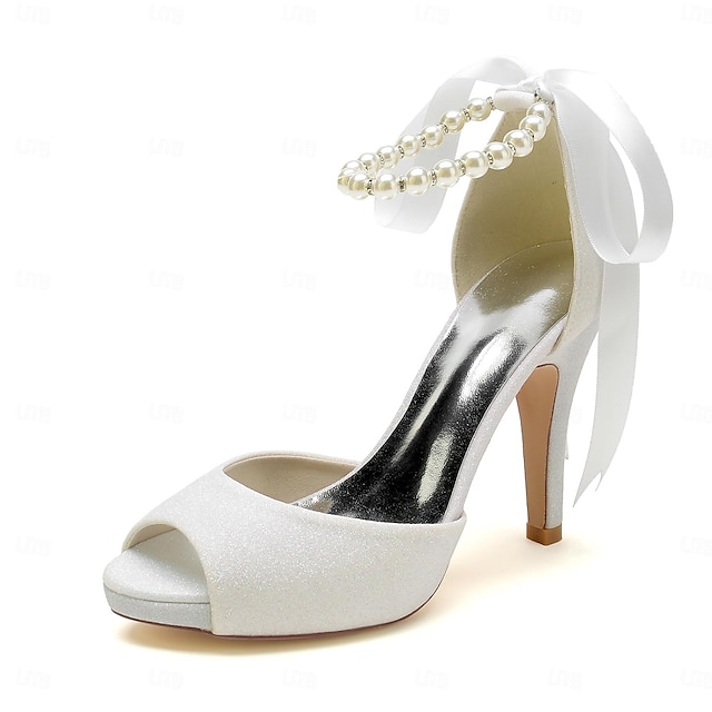  Women's Wedding Shoes Ladies Shoes Valentines Gifts White Shoes Wedding Party Valentine's Day Wedding Sandals Bridal Shoes Bridesmaid Shoes Imitation Pearl Ribbon Tie Chunky Heel Peep Toe Elegant