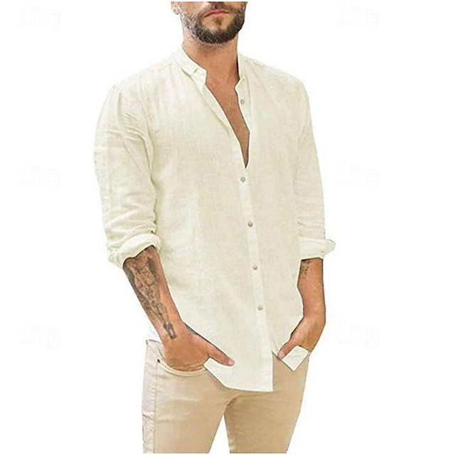 Men's Shirt Linen Shirt Summer Shirt Beach Shirt Cotton Linen Shirt Plain Vacation Holiday Black White Light Green Dark Navy Long Sleeve Standing Collar Spring & Fall Clothing Apparel Button-Down 12