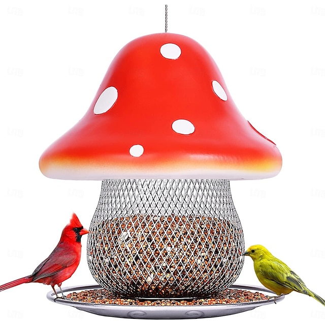  Mangiatoia per uccelli solare a forma di fungo da appendere all'aperto, mangiatoia per uccelli in metallo per cardinali, fringuelli, ghiandaie blu, cince, passeri e uccelli selvatici, capacità di semi