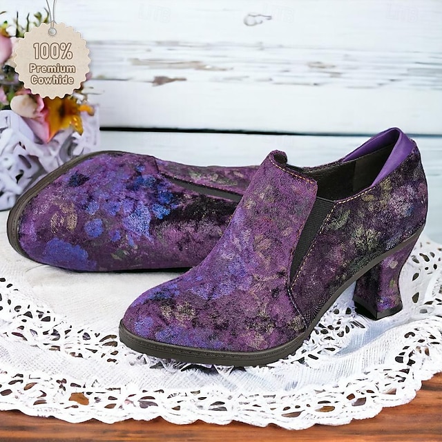  Dames Hoge hakken Pompen Handgemaakte schoenen Vintage schoenen Feest Valentijnsdag Bloemig Kant Kleine hak Ronde Teen Elegant Vintage Leer Rits Paars