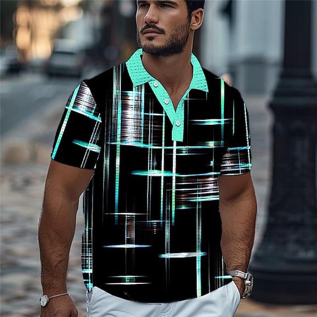  Homme Géométrique Chemise de golf Manche Courte Polos Chemises à Col Occasionnel Tenue de plage Vêtements de vacances Tenues de fête Boutons Impression 3D Été Jaune Bleu