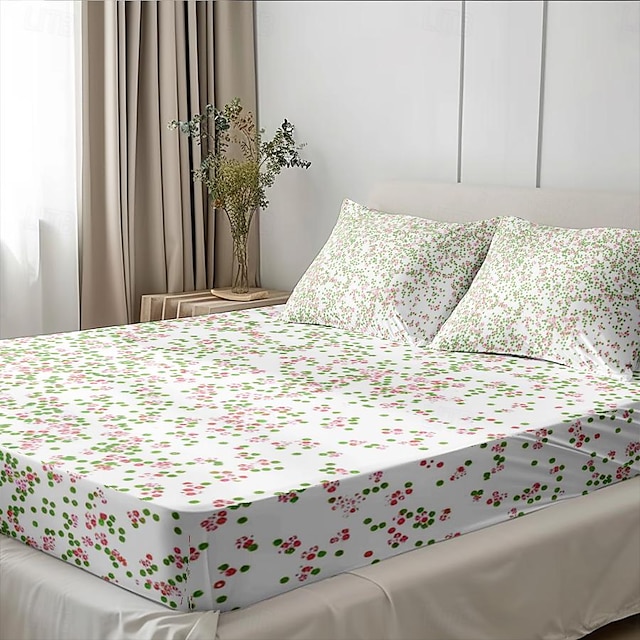  Set cearșaf de pat cu flori cu primăvară lenjerie de pat ultra moale, respirabilă, mătăsoasă, buzunar adânc Lenjerie de pat 100% microfibră, 3 piese, king size