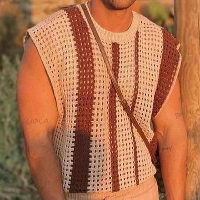 Male Sweater Tank Vest Tee Top Sleeveless Jewel Neck Summer Vertical Stripes Knitting Brown Top Tee for Men3