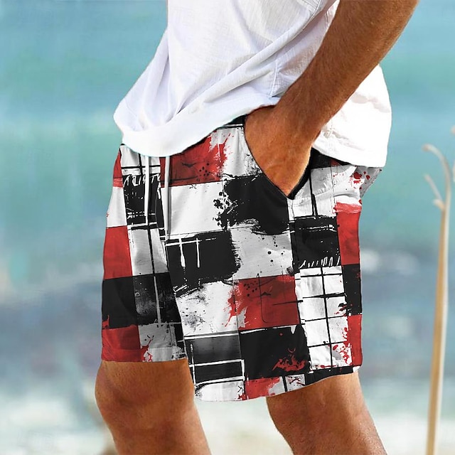  Pantalones cortos de baño para hombre con bloques de color, pantalones cortos hawaianos, bañadores con cordón y forro de malla, cintura elástica, pantalones cortos de playa para vacaciones