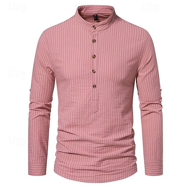 Men's Shirt Chinese Collar Shirt Mandarin Collar Shirt Popover Shirt Casual Shirt Cotton Shirt Striped Vacation Hawaiian Black White Pink Purple Long Sleeve Band Collar Spring & Fall Clothing Apparel 18