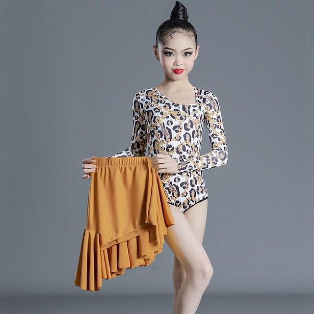  Latin Dance Kids' Dancewear Skirts Printing Splicing Girls' Performance Training Long Sleeve High Spandex