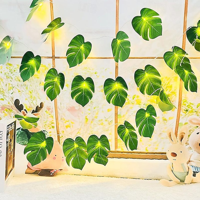  Lichterkette mit Blätterranken, Dschungel-Strand-Motto-Sommerparty-Dekoration, 1,5 m/3 m, künstliches Palmenblatt, Rattan-Lichterkette für den Innenbereich, Outdoor, Garten, Hochzeit, Party, Meer,