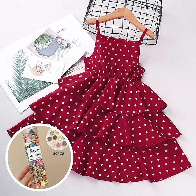  Vintage-Kleider für Kinder, Mädchen, 1950er-Jahre, Swing-Kleider, Sommerkleid, bedruckt, rot, ärmellos, niedliche Basic-Kleider, normale Passform, 3–12 Jahre, mit 30-teiligem Mini-Haarklammer-Set