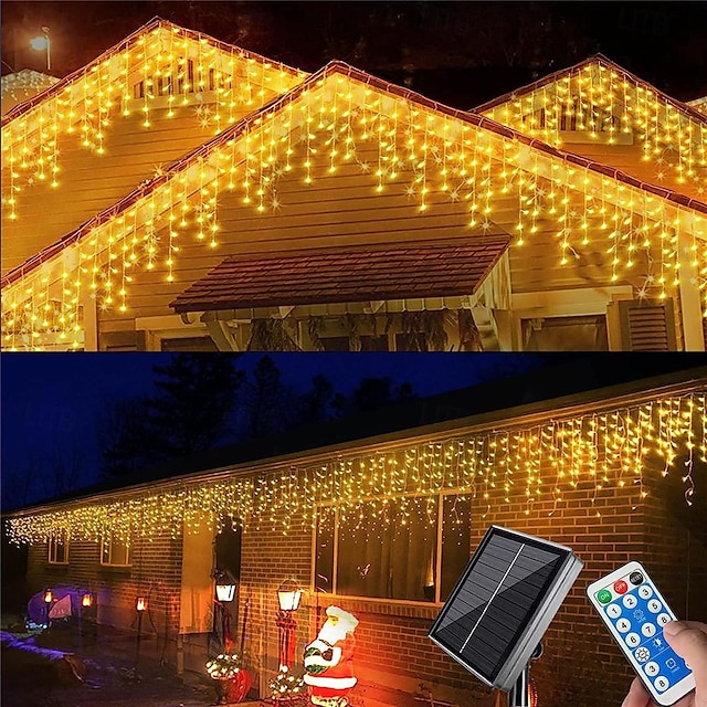  4M 13ft LED Solar Icicle String Lights Waterproof Wedding Decoration Curtain String Lights for Bedroom Patio Yard Garden Wedding Party