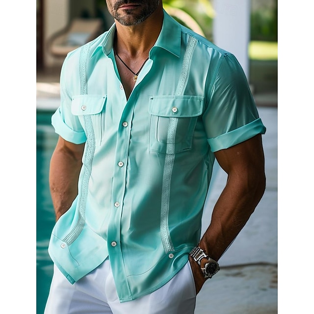  Homens Camisa Social camisa de botão Camisa casual camisa de verão Preto Verde Caqui Manga Curta Tecido Colarinho Diário Férias Roupa Moda Casual Confortável