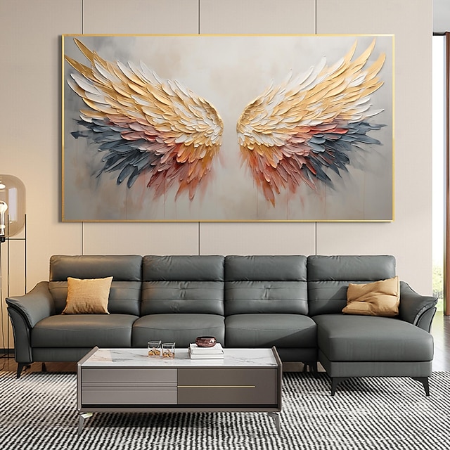  ציור שמן כנף מלאך מקורי בעבודת יד על קנבס עיצוב קיר ציור מופשט מינימליסטי מוזהב לעיצוב הבית עם מסגרת מתוחה/ללא ציור מסגרת פנימית