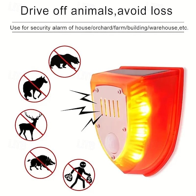  Solar-Powered Animal Repellent Alarm with Dog Barking Gunfire andSOS Light - Waterproof and Rechargeable!