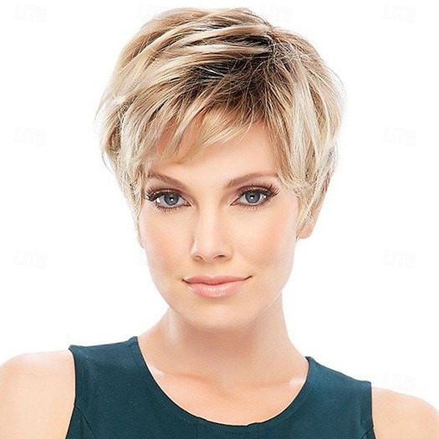  Natural Short Fluffy with Bangs Real Hair Mixed Healthy Synthetic Wigs for Women Color Blonde