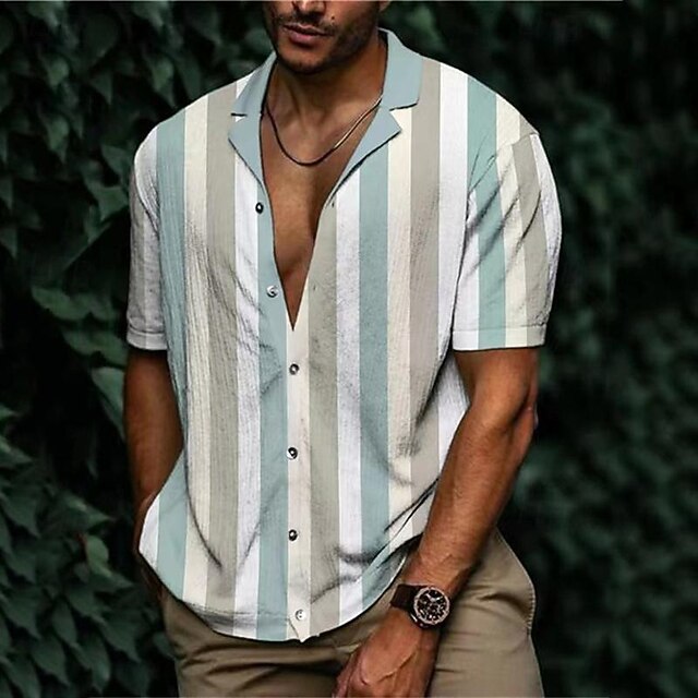 Men's Shirt Summer Shirt Casual Shirt Beach Shirt Button Up Shirt Striped Shirts Black White Yellow Blue Orange Short Sleeve Stripes Lapel Vacation Hawaiian Clothing Apparel Polyester Fashion Casual 12