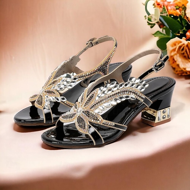  Women's Wedding Shoes Sandals Party Rhinestone Round Toe Elegant Vintage Microbial Leather Ankle Strap Black Red Purple