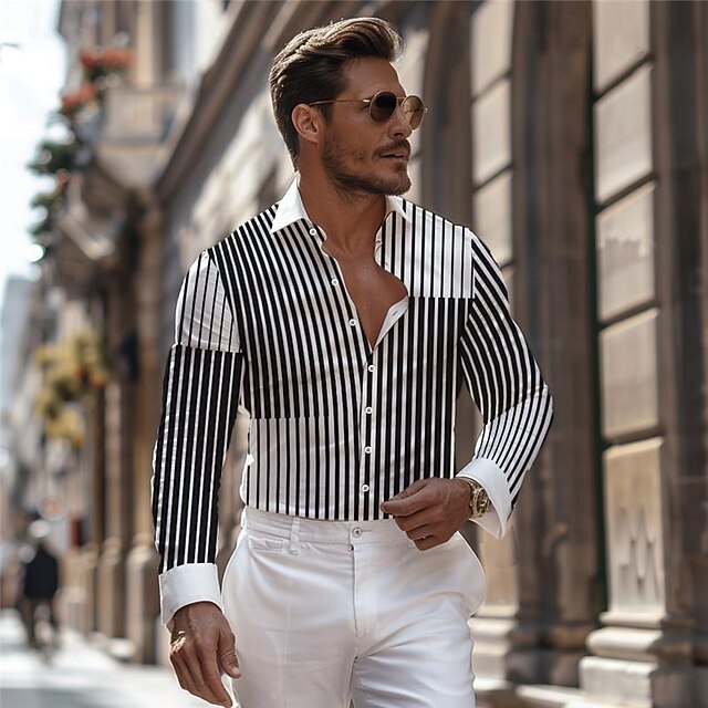 Men's Stripe Geometric Pattern Printed Shirts Long Sleeve Business Casual Street Wear to work Daily Wear Spring & Summer Turndown Print Button-Down Black 5