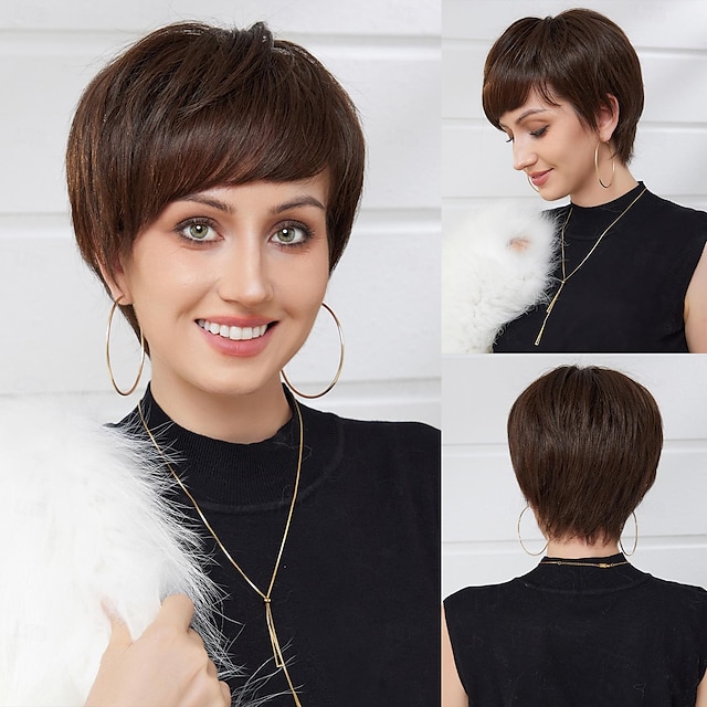  Human Hair Blend Wig Short Natural Straight Pixie Cut Side Part Layered Haircut Asymmetrical Brown Cosplay Curler & straightener Natural Hairline Capless Brazilian Hair Women's All Brown 8 inch Party