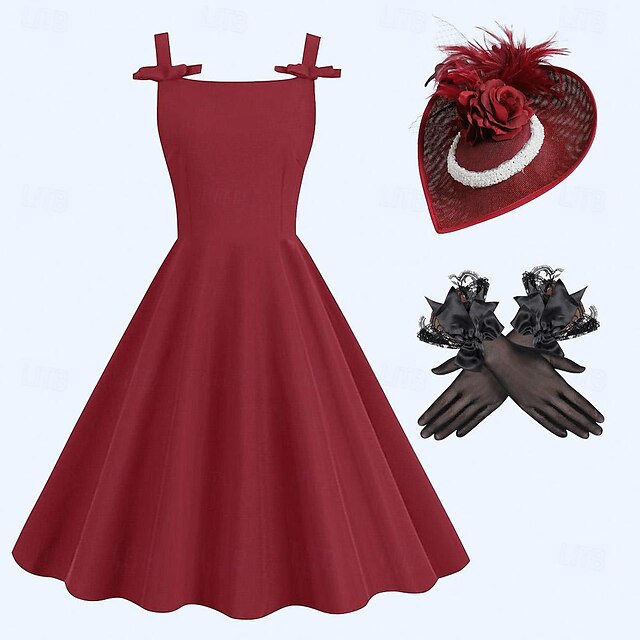  Set with Retro Vintage 1950s Rockabilly Dress A-Line Dress Swing Dress Headpiece Party Costume Fascinator Hat Gloves The Great Gatsby 3 PCS Women Masquerade Party Evening