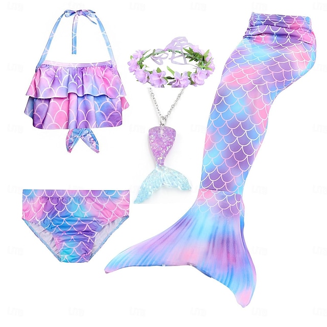  Traje de baño de cinco piezas para niños y niñas, trajes de baño de monoaleta bonitos de arcoíris para la playa de 3 a 10 años, púrpura de verano