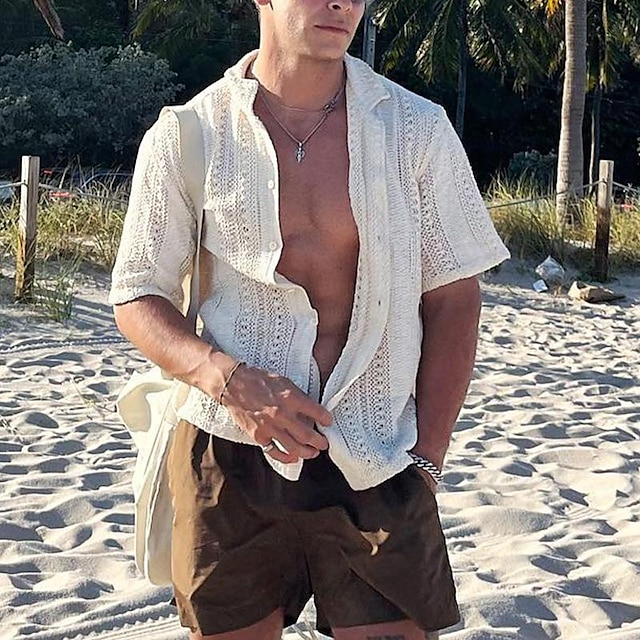  Bărbați Cămașă Camașă cu nasturi Cămașă casual Cămașă de vară Cămașă de plajă Bej Manșon scurt Simplu Rever Hawaiian Concediu Dantelă Îmbrăcăminte Modă Casual Comfortabil