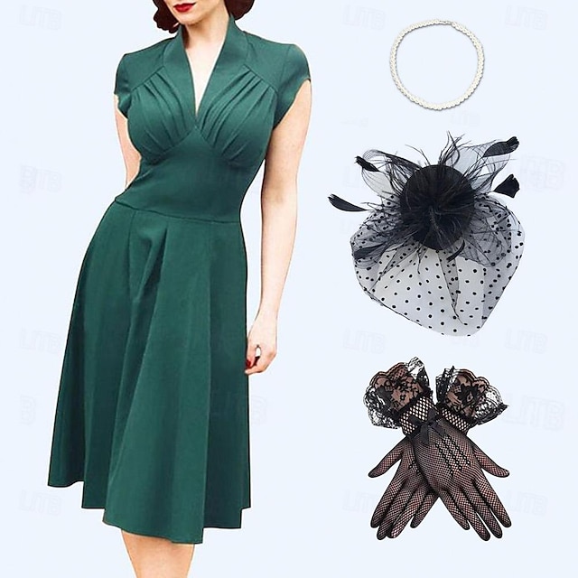  Set with Retro Vintage 1950s Dress A-Line Dress Swing Dress Headpiece Party Costume Fascinator Hat Hat Gloves2 PCS Women Masquerade Event / Party Date Vacation