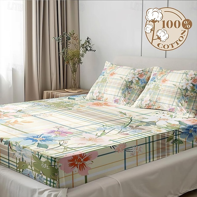  100% Cotton Floral Stripe Spring Pattern Fitted Sheet Set Ultra Soft Breathable Silky Bed Sheets Deep Pocket Bedding Sheets 3 Piece Queen King Size