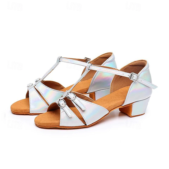 Women's Latin Dance Shoes Performance Training Practice Satin Basic Sandal Buckle Thick Heel T-Strap Ankle Strap Silver Dark Brown Black 10