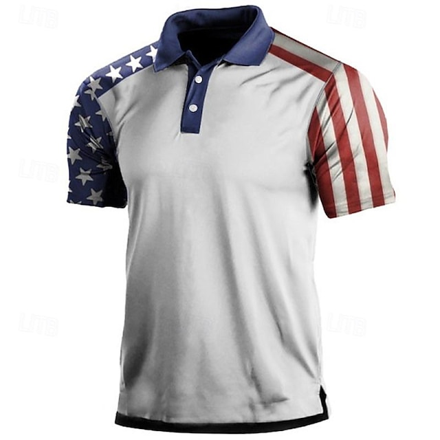  Men's Polo Shirt Golf Shirt American Flag Turndown White & Blue Custom Print White Navy Blue Blue 3D Print Street Daily Short Sleeve 3D Button-Down Clothing Apparel Fashion Casual Comfortable
