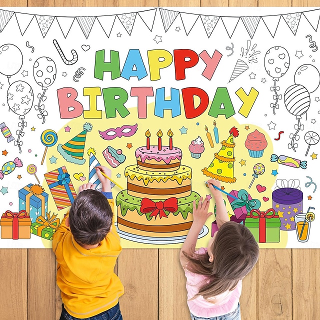  Happy Birthday Coloring Poster for Kids - 31.5 x 43.3 In Giant Birthday Coloring Tablecloth Large Coloring Mat for Kids Art Drawing Table Home Classroom Activity Birthday Party Supplies