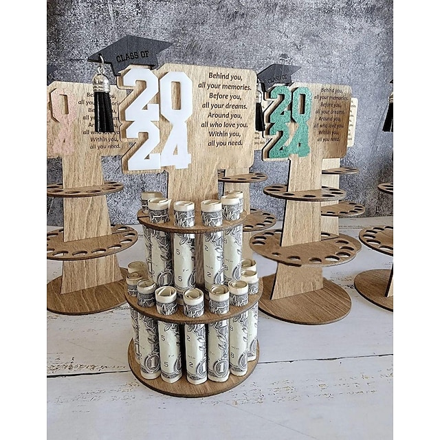  Portasoldi regalo di laurea 2024 Torta di soldi di laurea - Fermasoldi in legno a più livelli per conservare dollari, regalo di laurea perfetto