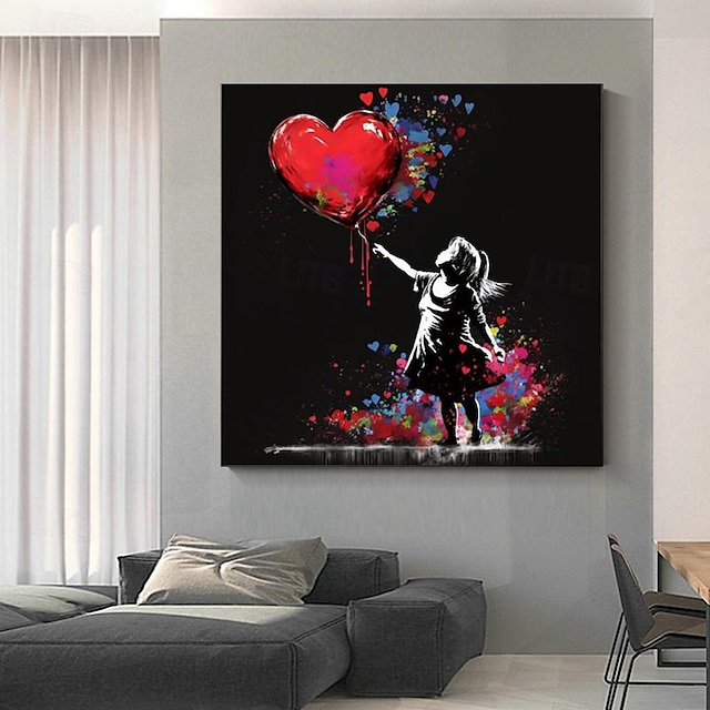  Pintura à mão Banksy Art Girl com balão de coração Graffiti Art Painting Canvas Grande tamanho Trabalho de arte criativa para decoração de sala de estar sem moldura